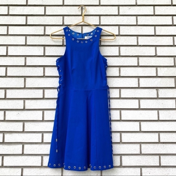 Parker Flynn Cobalt Blue Grommet Lace-Up Fit Flare Mini Dress S Cocktail Party - Picture 3 of 11